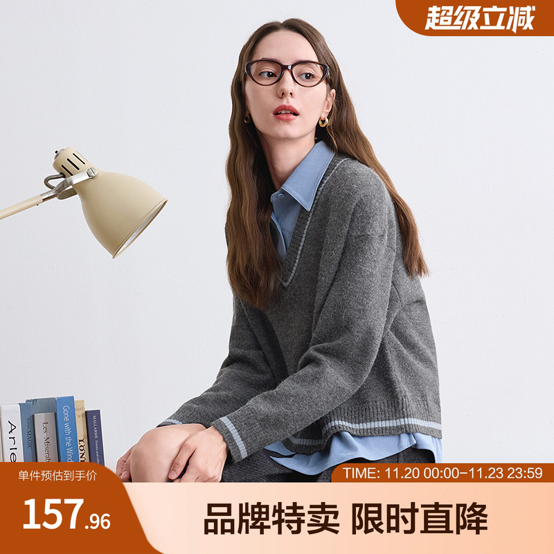 betu百图假两件毛衫减龄学院风撞色假两件女式毛衣