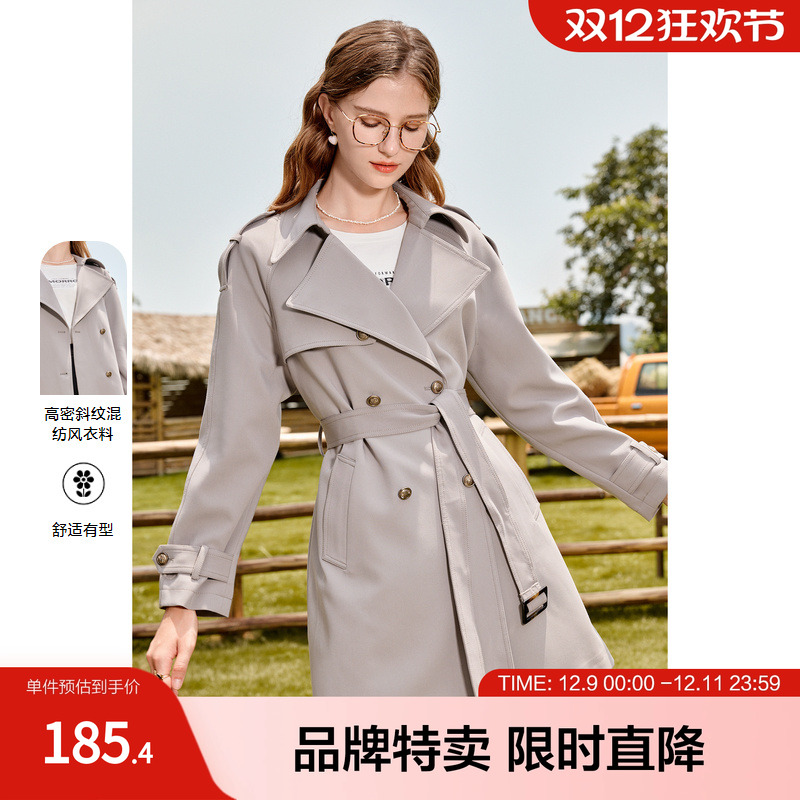 betu百图秋季新款经典西装领小个子中长款风衣外套