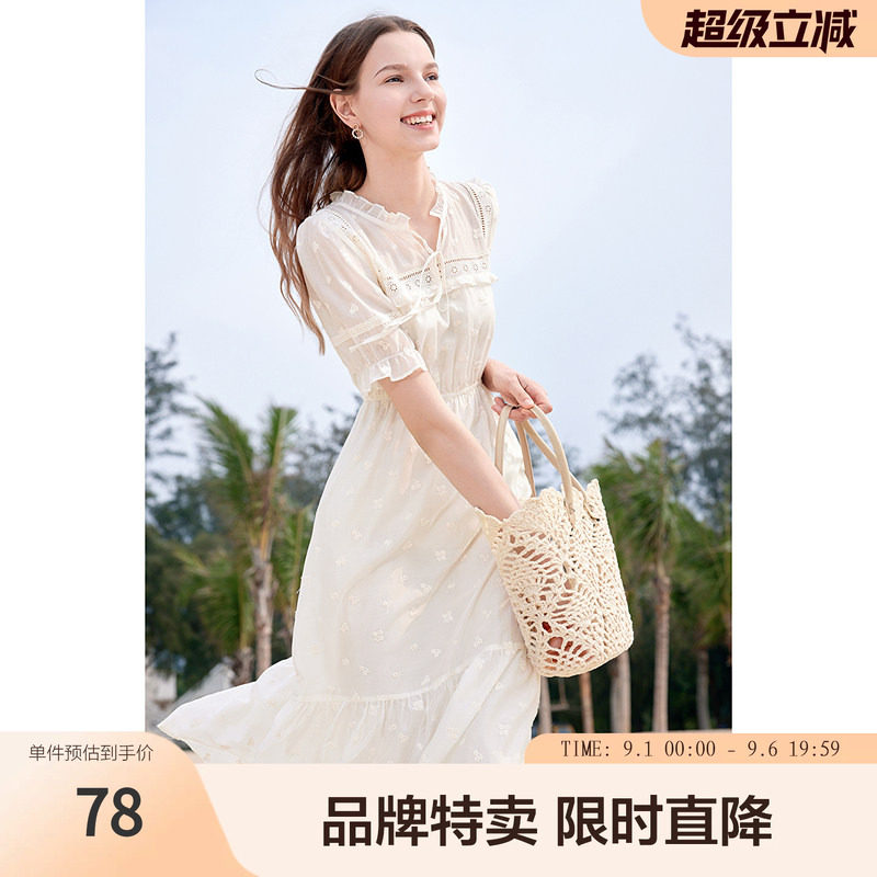 betu百图纯色仙女裙夏荷叶边系带领甜美精致刺绣中长款连衣裙图片