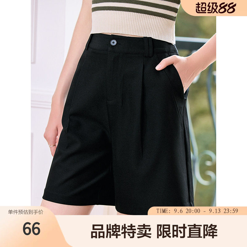 betu百图高腰阔腿休闲短裤夏季色织花纱西裤料休闲裤双色可选图片