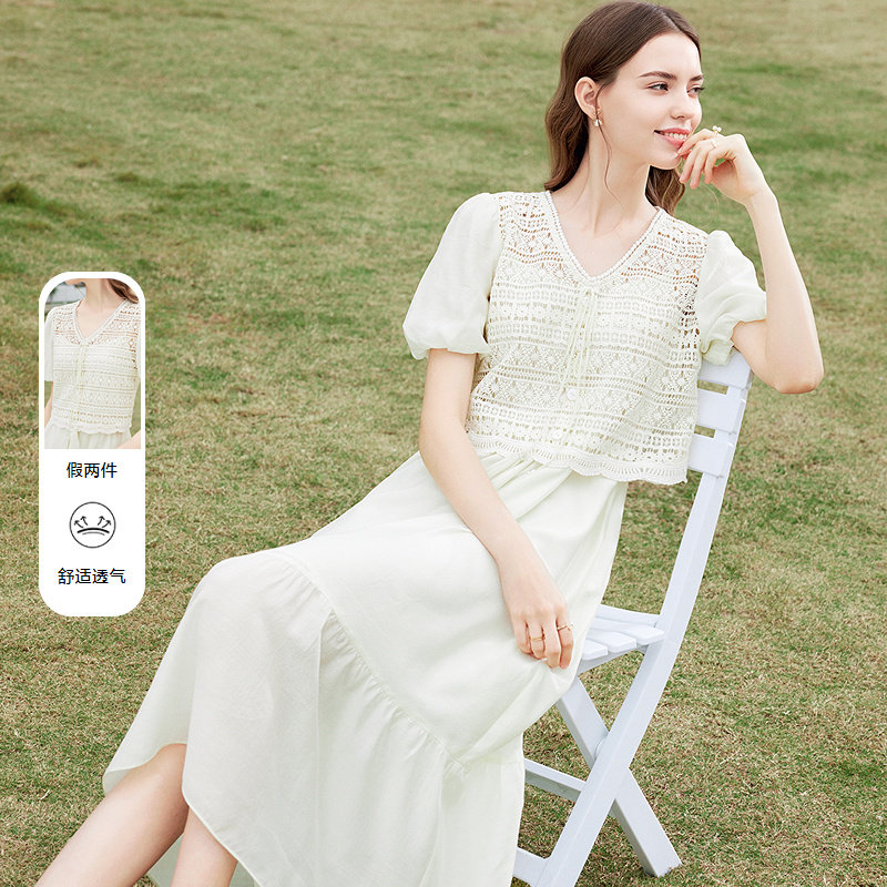 betu百图假两件连衣裙夏减龄流苏绑带灯笼袖蛋糕裙仙女裙图片