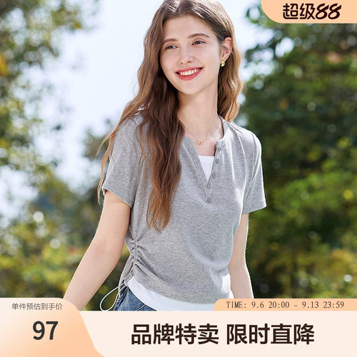 百图拼色T恤拼色领口抽绳设计收腰显瘦短袖T恤女