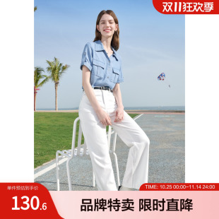 衬衫 衬衣夏季 女宽松显瘦通勤 短袖 betu百图复古港风牛仔色短款