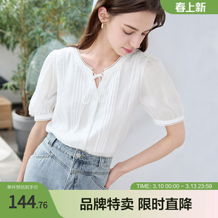 百图夏新款花边镂空衬衫系带领短袖通勤上衣白衬衫女