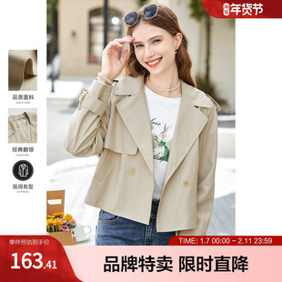 百图短款风衣外套秋装两粒扣翻领纯色女式风衣外套