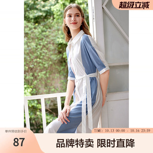 betu百图拼色连衣裙夏撞色拼接中长款腰带连衣裙