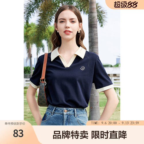 betu百图P0LO领T恤春夏时髦拼色宽松百搭短裤T恤女