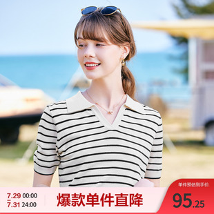 减龄复古Polo领条纹短袖 夏季 百图女装 V领针织衫 上衣 新款 薄款