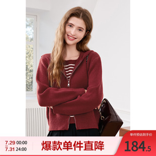 2025百图新款 女 假两件连帽针织衫 条纹拼接假两件套头针织衫