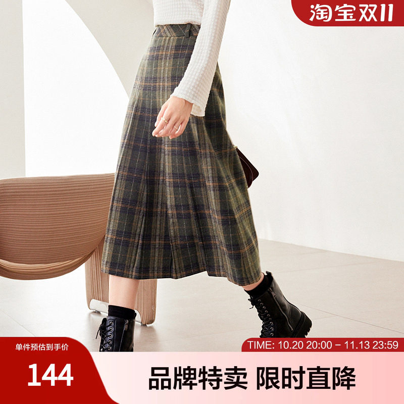 百图冬款撞色格子毛呢裙中长款保暖裙子气质半身裙2312T24