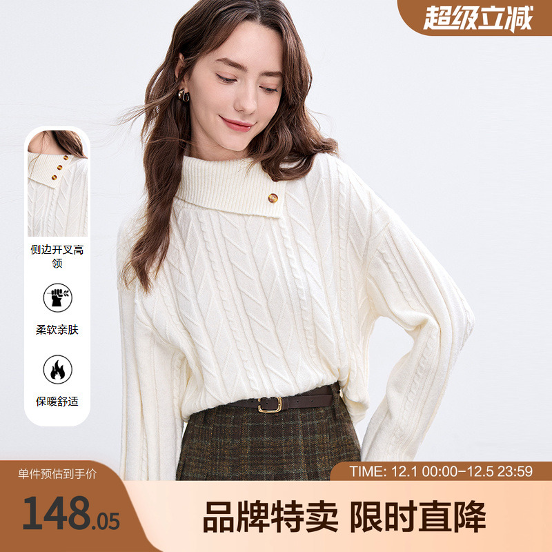 betu百图不规则翻领设计感针织衫宽松落肩袖侧开叉毛衣