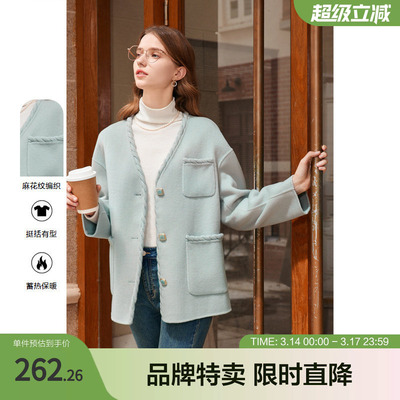 betu百图冬季新款V领设计感双面呢大衣短款毛呢外套