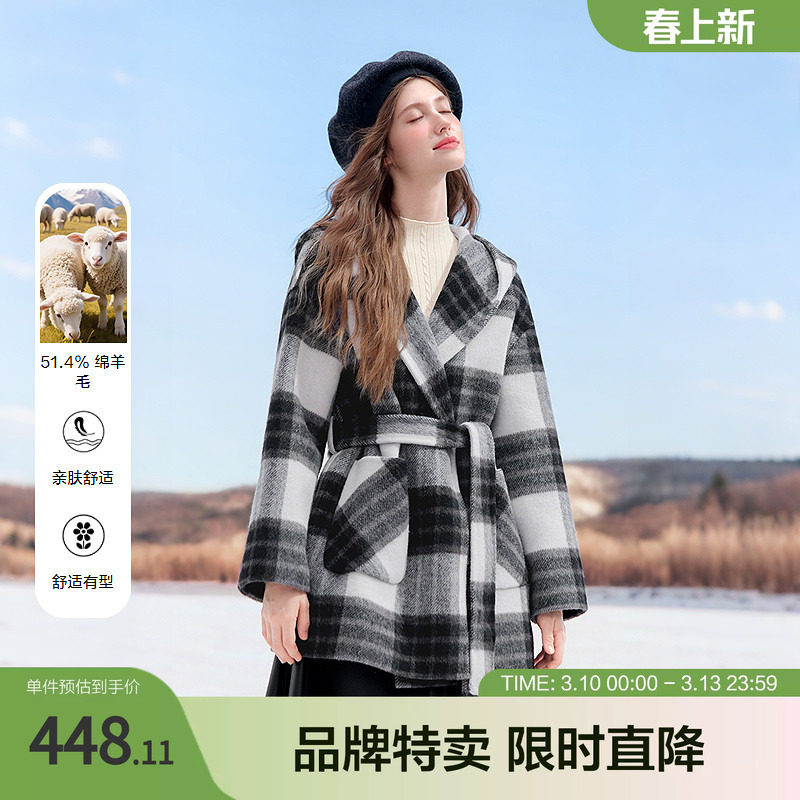 betu百图经典黑白格纹大衣冬季女毛呢外套中长款收腰保暖通勤