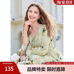 百图优雅蝴蝶印花连衣裙松紧花边袖口收腰雪纺裙子