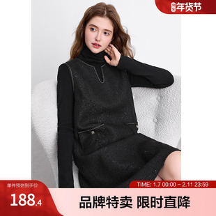 冬新品亮片气质小香风无袖背心裙织带拼接V领百搭马甲裙连衣裙