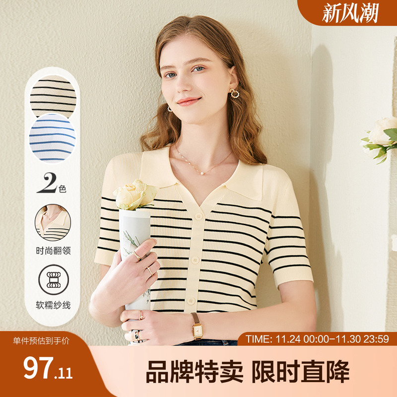 betu百图减龄条纹短袖毛针织衫女复古Polo领T恤年春季新款