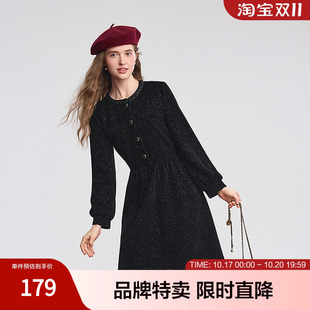 betu百图赫本风闪闪圣诞小黑裙冬长袖连衣裙领口钉珠织带点缀