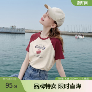 T恤复古印花宽松上衣时尚 短袖 复古撞色插肩袖 betu百图美式