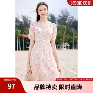 betu百图轻盈雪纺裙夏轻盈印花雪纺裙子高腰抽绳中长款连衣裙