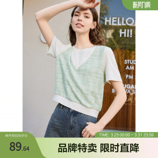 T恤 针织女式 betu百图假两件圆领T恤春夏新款 小香风套头短袖