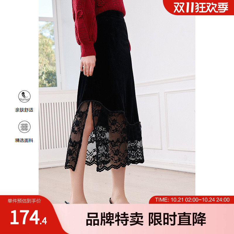 2025百图新款丝绒蕾丝拼接半身裙蕾丝拼接侧边开叉纯色半身裙