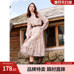 betu百图法式印花连衣裙新款荷叶立领收腰显瘦中长裙配腰带