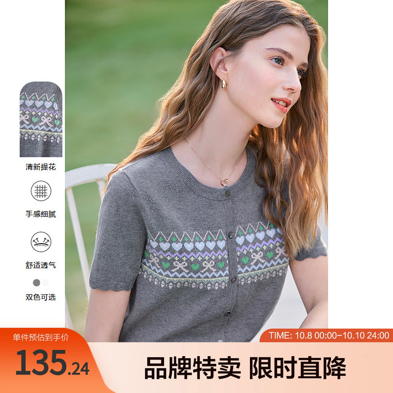 2025百图民族风提花印花针织衫减龄圆领套头短袖针织衫