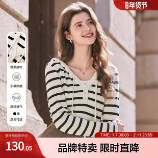 2025百图假两件连帽针织衫慵懒风撞色假两件套头针织衫