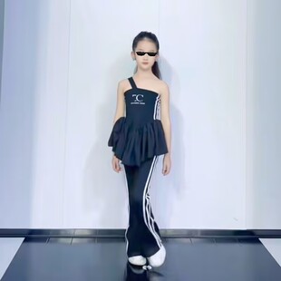 爵士舞服装女童夏季时髦T恤儿童模特走秀形体训练功服女孩喇叭裤