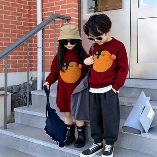 男女童毛衣2026秋冬儿童红色中长款针织衫兄妹姐弟装新年装毛线衣