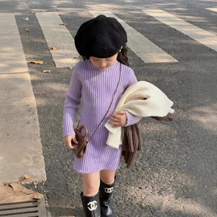 女童中长款毛衣裙秋冬款儿童韩版半高领内搭针织裙宝宝紫色连衣裙