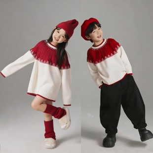 男童女童毛衣2025冬款韩版儿童加厚针织衫红色圣诞元旦姐弟兄妹装
