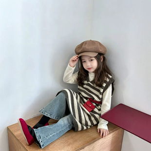 女童中长款针织背心裙秋冬装韩版儿童V领条纹连衣裙宝宝毛衣裙子