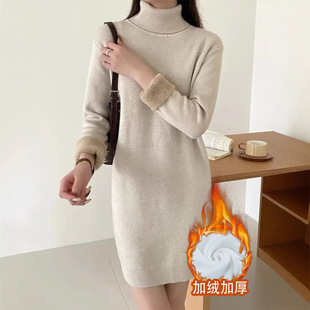 加绒加厚一体绒秋冬保暖打底衫针织衫毛衣女高领长袖中长款连衣裙