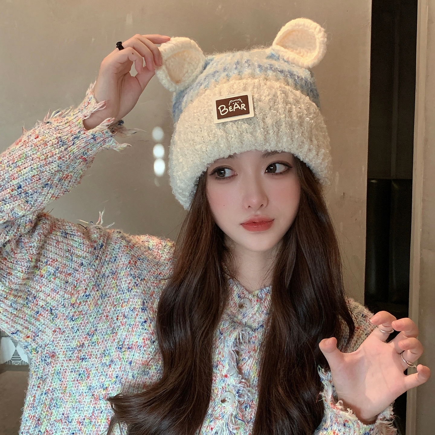 新款小熊耳朵混色针织毛线帽子女秋冬加绒加厚保暖防风可爱套头帽,服饰配件/皮带/帽子/围巾,帽子,淘宝优惠券,粉丝福利购,淘宝优惠卷