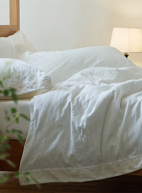 温柔白色床品~亚麻感全棉四件套轻奢宽边刺绣被套纯棉 亲肤1.51.8