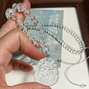 天然白水晶狐狸将军狐吊坠九尾狐水晶项链狐牌学生锁骨链狐牌桃花