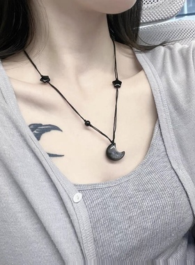 天然银曜石月亮星星项链甜酷百搭水晶温柔锁骨链闺蜜吊坠生日礼物