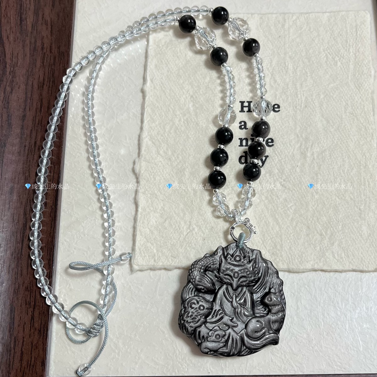 天然黑曜石五仙九尾狐吊坠银曜石狐狸狐牌水晶项链情侣挂坠礼物女