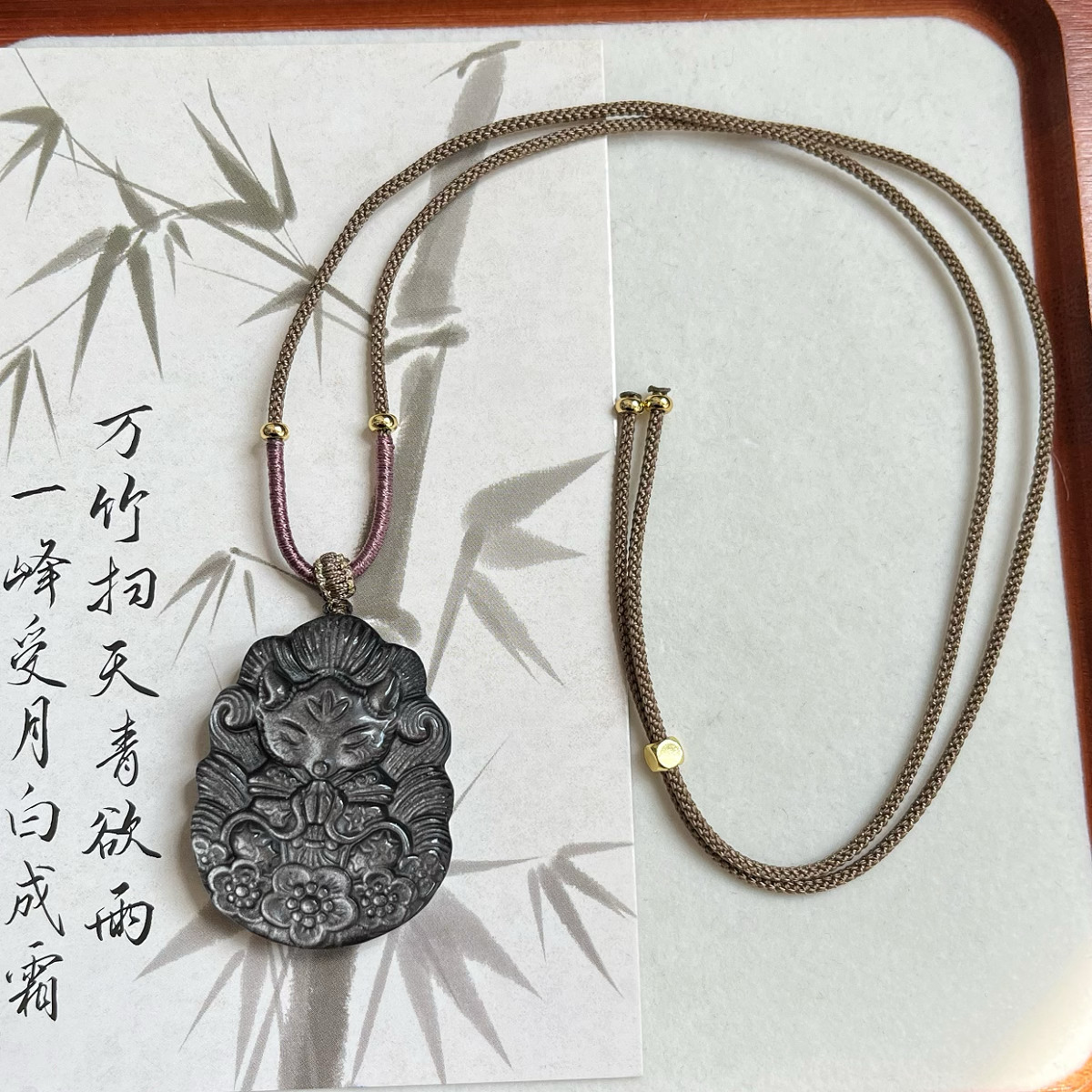 天然黑曜石九尾狐吊坠银曜石水晶狐狸项链狐牌锁骨链许愿狐将军狐