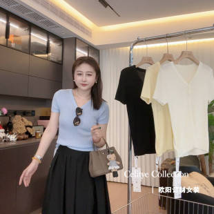 百搭正肩短袖 韩版 显瘦遮肚显瘦v领套头针织T恤春夏新款