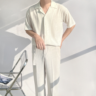 原创古巴领免烫竖条纹理设计感男半短袖 宽松高级垂坠休闲夏季 衬衫