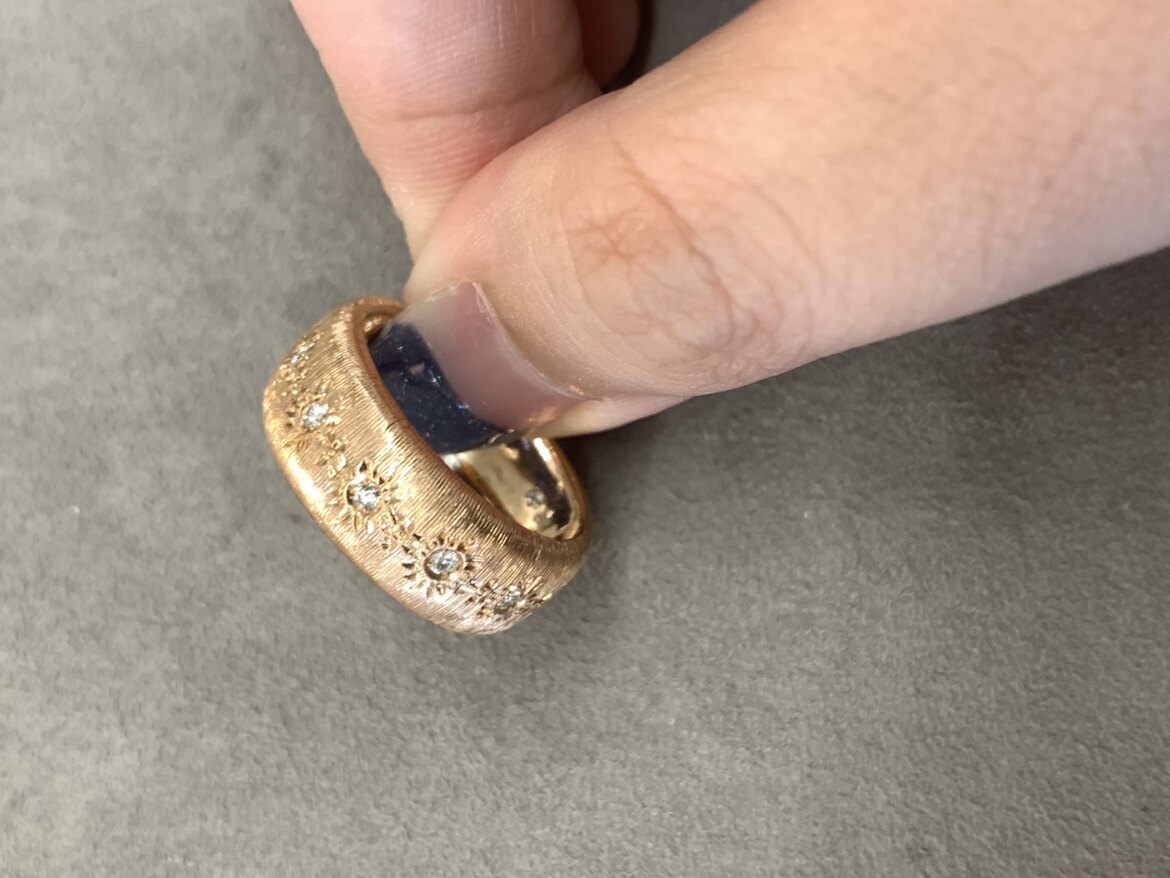 雕花拉丝镶钻18k金戒指意大利金匠世家手工锻造