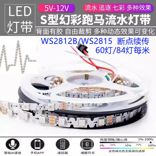 S型幻彩全彩流水跑马造型灯带12V