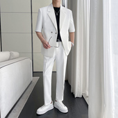 男高级感通勤白色休闲短袖 宽松质感白色中袖 西服两件套潮 西装 夏装