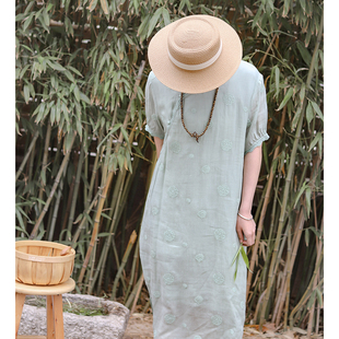 有间细皱天丝苎麻梧枝绿匹绣改良旗袍连衣裙子2025春夏新款