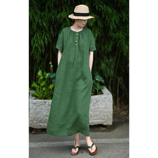 有间出品百搭连衣裙女夏复古短袖宽松圆领套头大码袍子百搭中长款