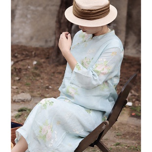 苎麻改良旗袍春夏新款 文艺棉麻连衣裙女 清新兰花立领印花茶服中袖