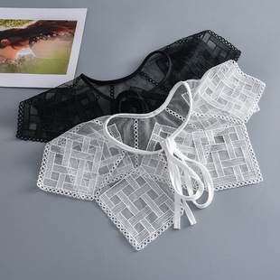 刺绣假领子格子网纱蕾丝花边娃娃领大翻领女系带披肩装饰领假领子