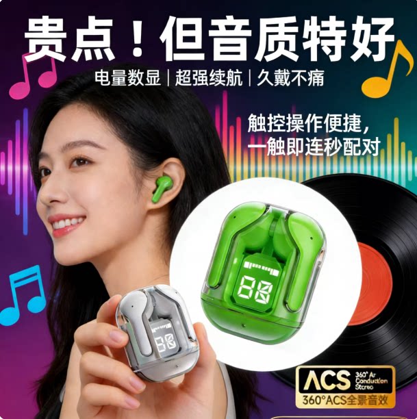 新透明数显蓝牙耳机无线双边立体声高品音质入耳式动长续航高颜值